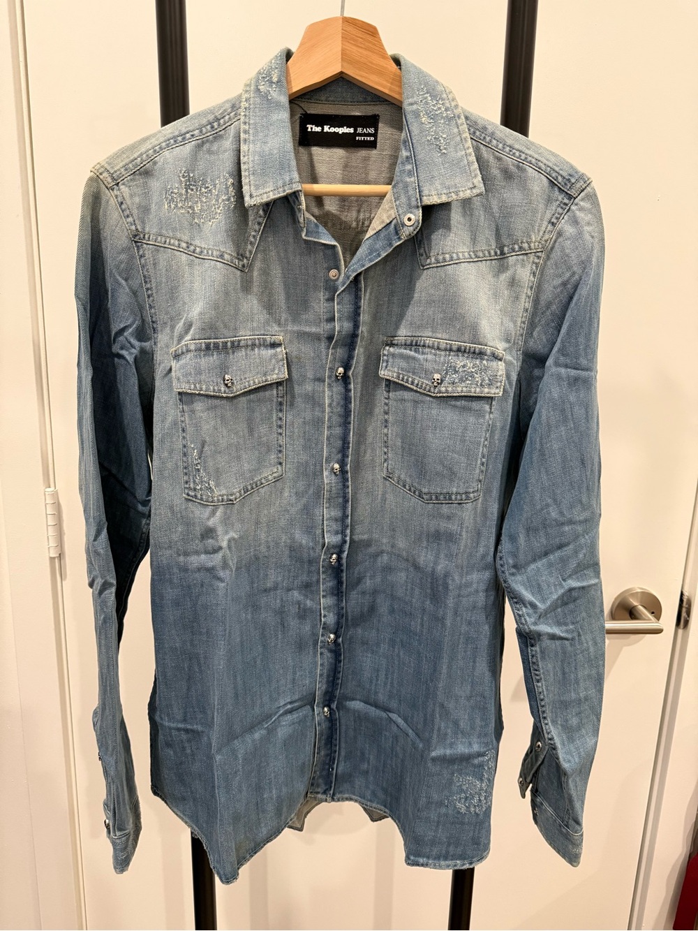 The Kooples Washed Blue Denim Western Snap-Front Shirt